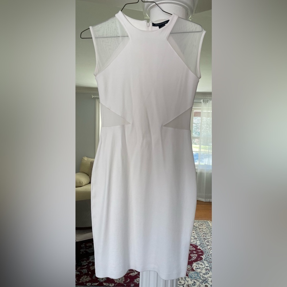 French Conection women Viven mesh inset body- Con dress. Size 10 white,  new